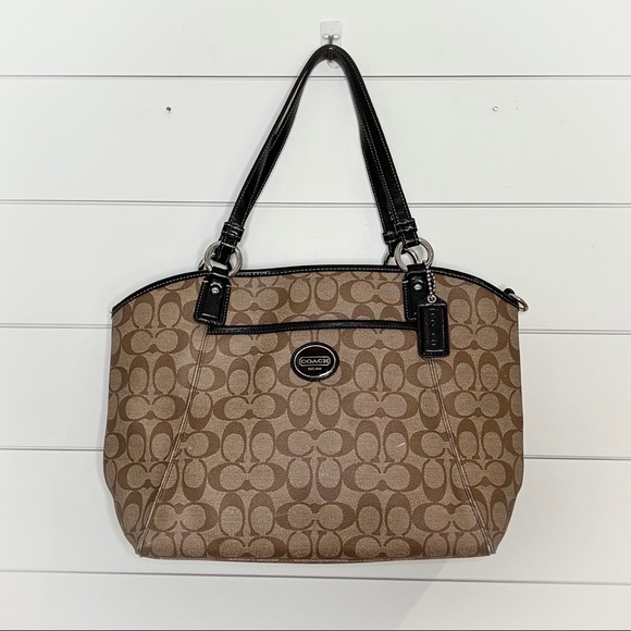 Coach | coated canvas tan brown logo print tote bag with shoulder strap - Picture 1 of 14